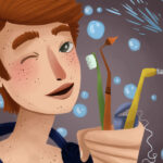 Cartoon of a young man holding dental tools to facilitate good oral hygiene.