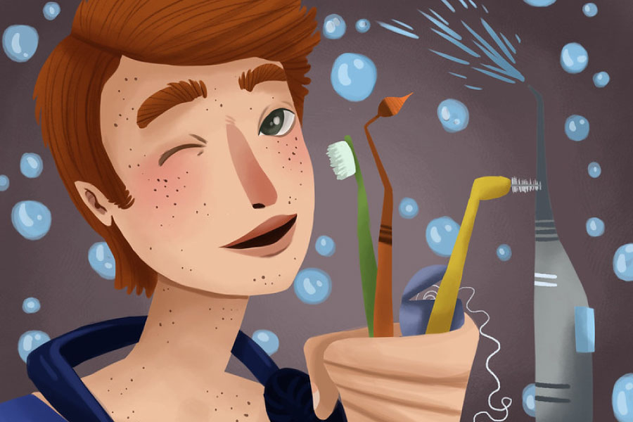 Cartoon of a young man holding dental tools to facilitate good oral hygiene.