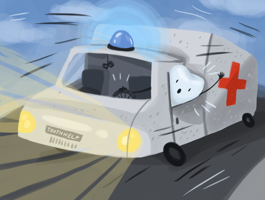graphic illustration of a tooth in an emergency vehicle, dental emergency, dental emergencies