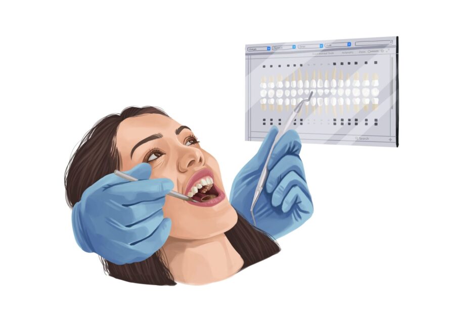 woman at dentist for routine preventive dental cleaning